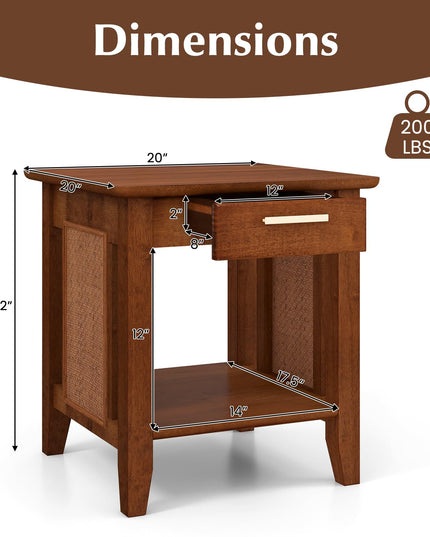 Giantex Rattan Nightstand with Drawer, Mid Century End Table with Storage Shelf, Sofa Side Table with Solid Rubber Wood Legs