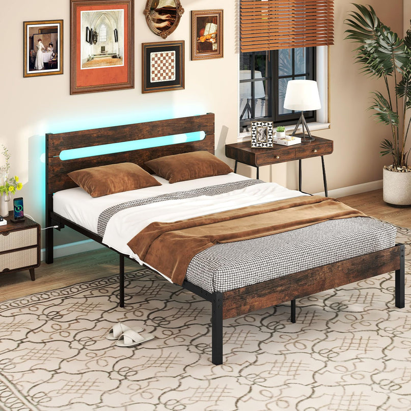 Giantex Full Size LED Bed Frame with Charging Station