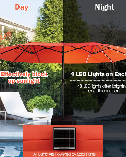 15ft Large Outdoor Umbrella Double-Sided, 48 Solar Lights, Auto-Charging Solar Panel