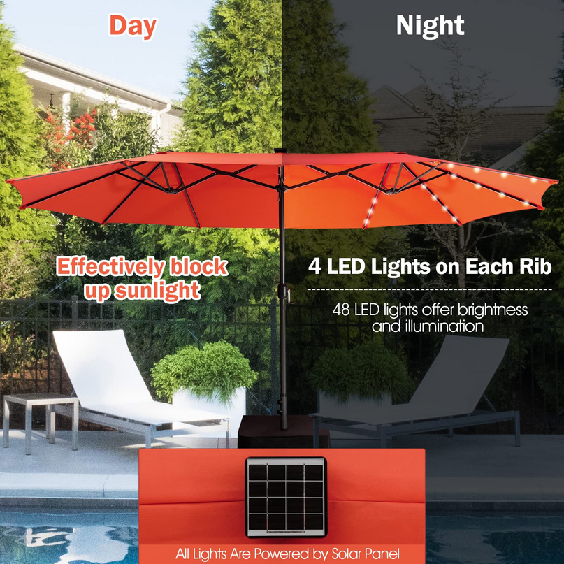 15ft Large Outdoor Umbrella Double-Sided, 48 Solar Lights, Auto-Charging Solar Panel