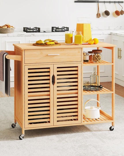 Giantex Bamboo Kitchen Island Cart with Drawer and Storage Cabinet