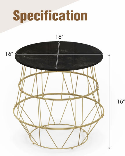Giantex Round Coffee Table, Faux Marble Side End Table with Gold Metal Frame & Removeable Top