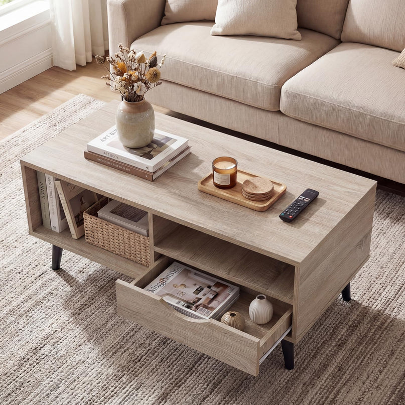 Table basse en bois Giantex avec tiroir de rangement, table de centre rustique de 36,5 pouces