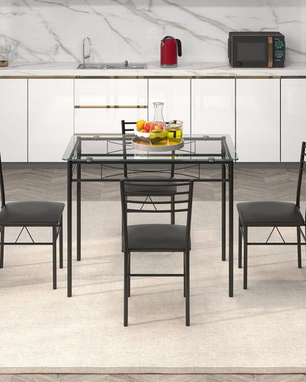 Giantex 5 Piece Dining Table Set, Kitchen Dining Set with Tempered Glass Table Top and 4 Upholstered Chairs (Black)