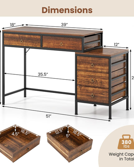 Bureau d'ordinateur Giantex avec 5 tiroirs | Bureau de maison/bureau de 129,5 cm avec classeur