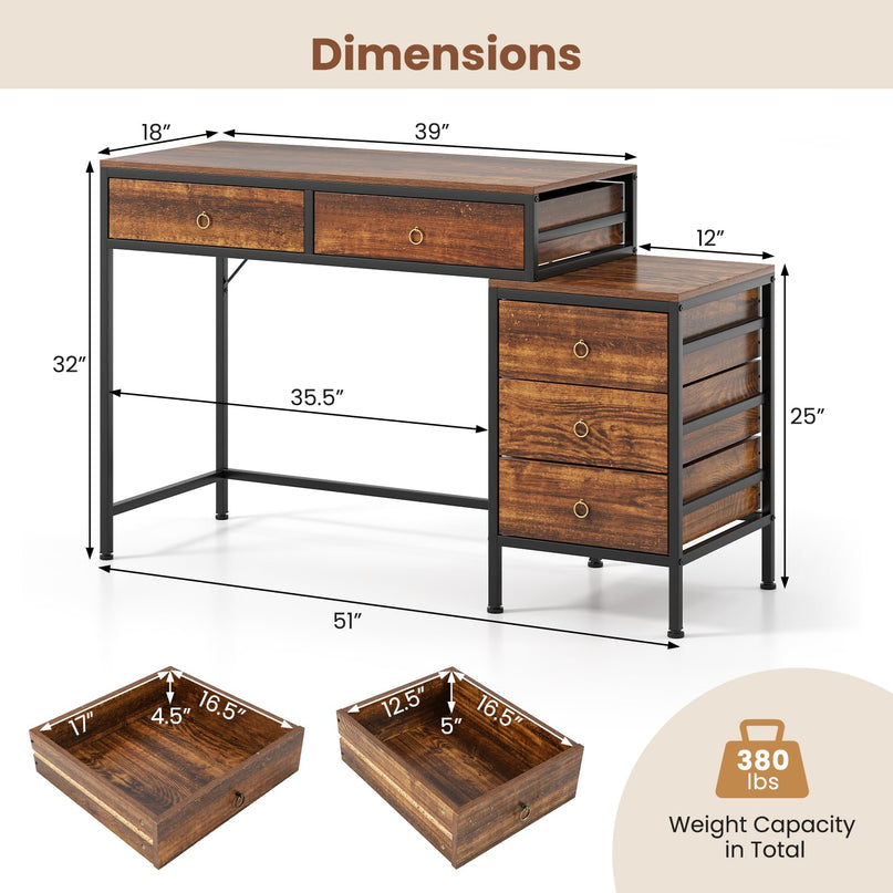 Giantex Computer Desk w/ 5 Drawers | 51" Home Office Desk w/File Cabinet