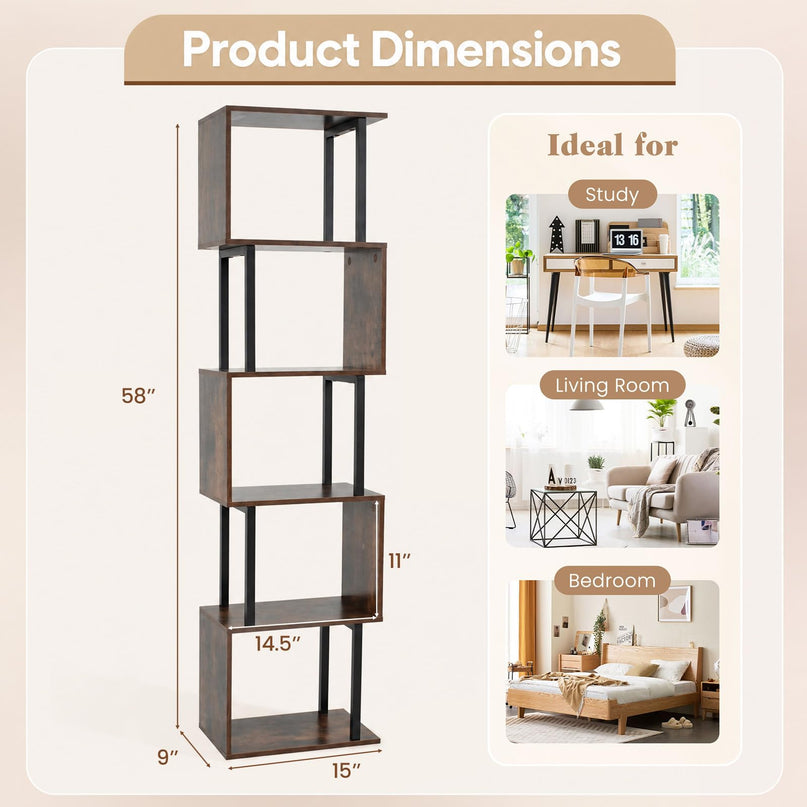 GIANTEX 5-Tier S-Shaped Wood Bookcase w/Metal Frame (1/2)