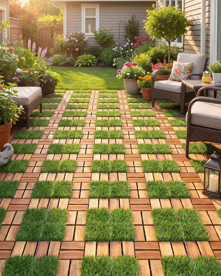 GIANTEX 30 PCS Interlocking Acacia Wood & Artificial Grass Deck Tiles
