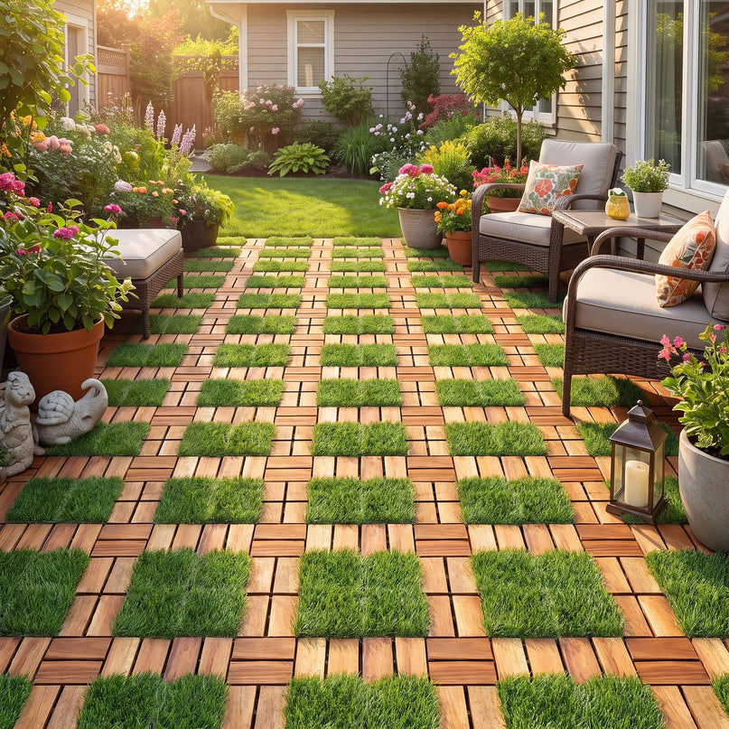 GIANTEX 30 PCS Interlocking Acacia Wood & Artificial Grass Deck Tiles