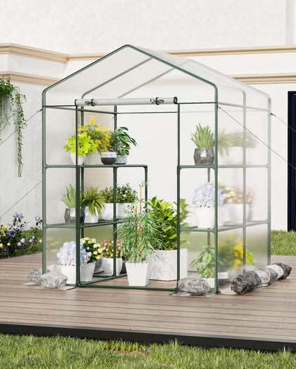 Giantex Walk-in Greenhouse w/ 3 Tiers 4 Shelves, 4 Ground Stakes & Ropes, PVC Cover