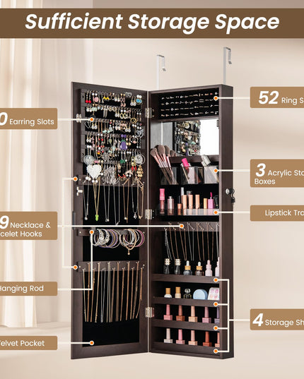 CHARMAID Jewelry Cabinet Wall or Door Mounted, Hanging Lockable Jewelry Armoire Storage with Full Length Mirror