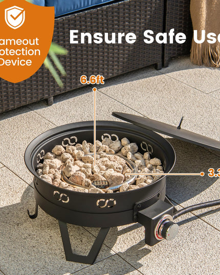 Giantex Portable Propane Fire Pit, 17" Small Outdoor Fire Bowl with Foldable Legs, Round Fireplace with Lid
