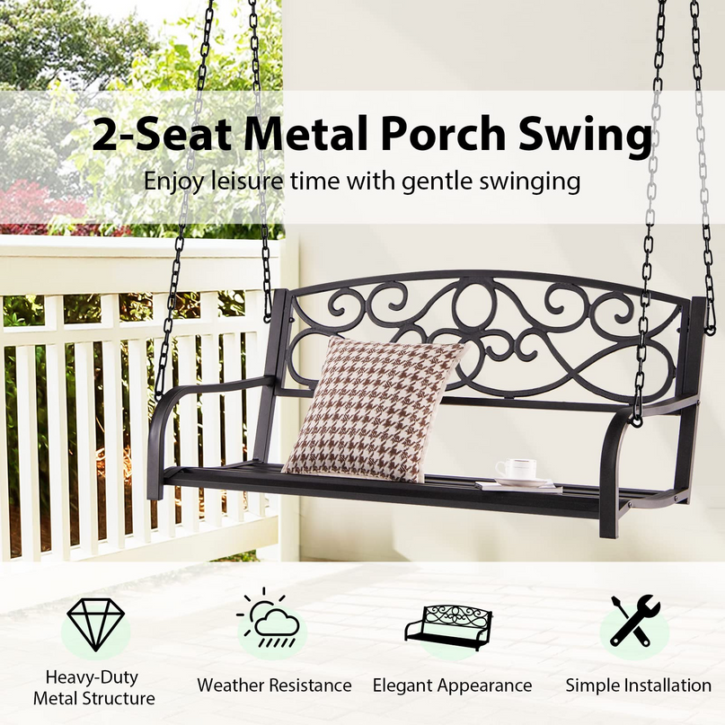 Metal Porch Swings 2 Person Outdoor Hanging Garden Bench with Sturdy Chains