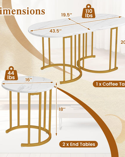 Lot de 3 tables basses gigognes Giantex, tables d'appoint empilables avec plateau en faux marbre et cadre en métal doré