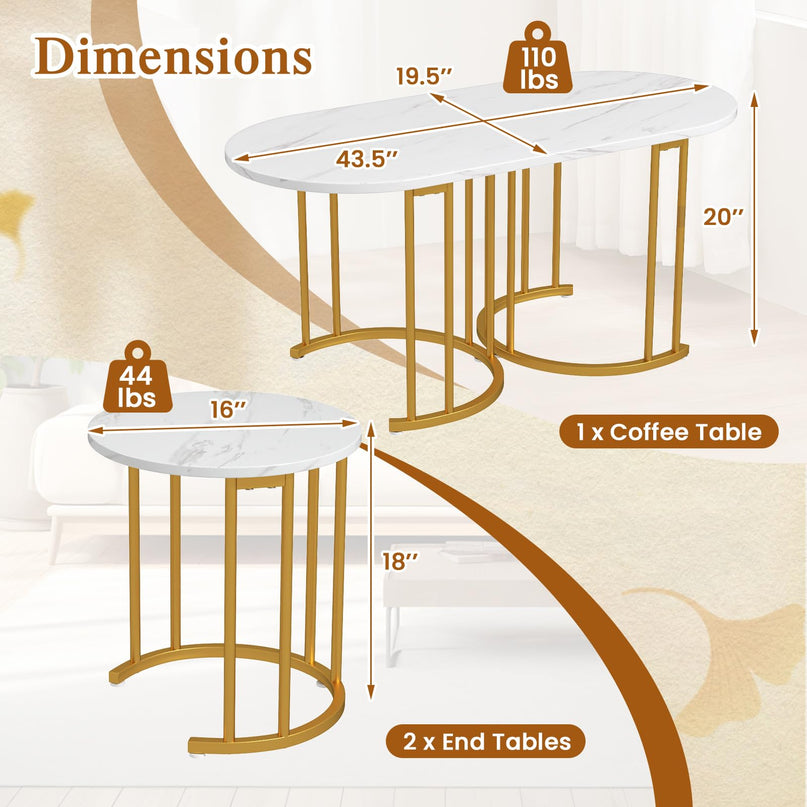 Lot de 3 tables basses gigognes Giantex, tables d'appoint empilables avec plateau en faux marbre et cadre en métal doré