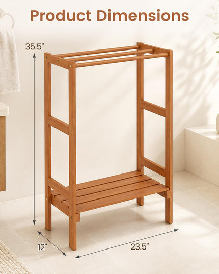 3-Bar Wood Towel Rack Freestanding with Bottom Storage Shelf