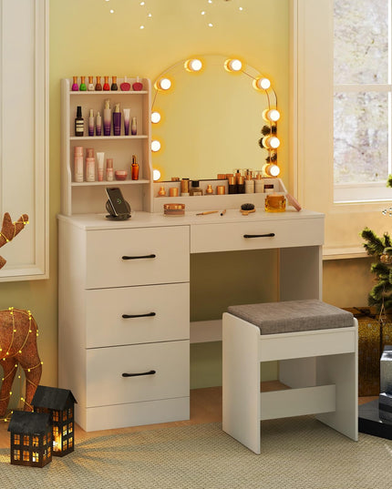 Vanity Desk with Lights - Makeup Vanity Table with Charging Station, 4 Drawers, 3 Storage Shelves