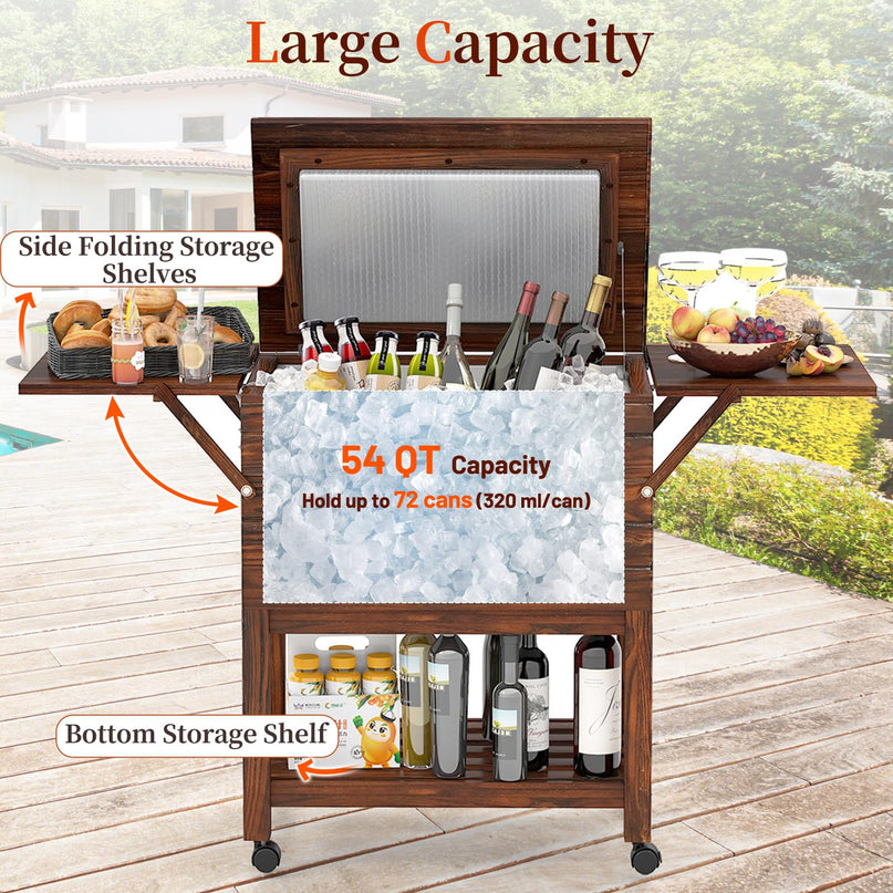 Giantex 54QT Wooden Patio Cooler Cart with Wheels Insulated Rolling Ice Chest with Drain
