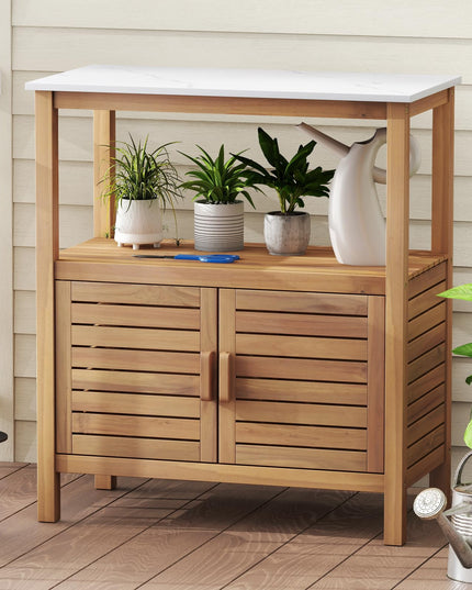 Giantex Outdoor Potting Bench with 2 Door Storage Cabinet