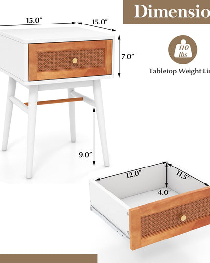 Giantex Rattan Nightstand, Boho End Side Table with Rattan Decorated Storage Drawer & Solid Wood Legs