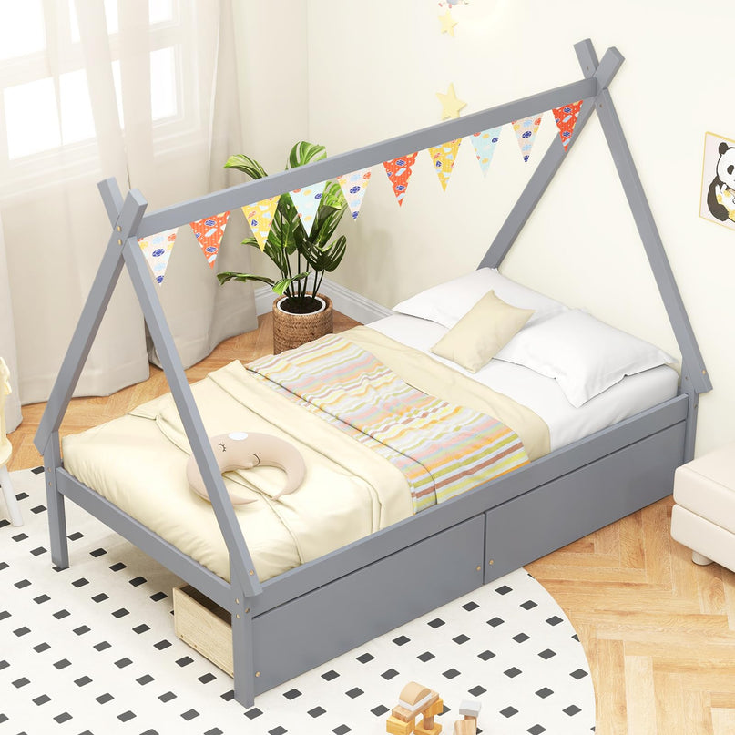 Giantex Twin Bed Frame with 2 Storage Drawers, Wood House Tent Platform Bed Frame with Triangle Structure