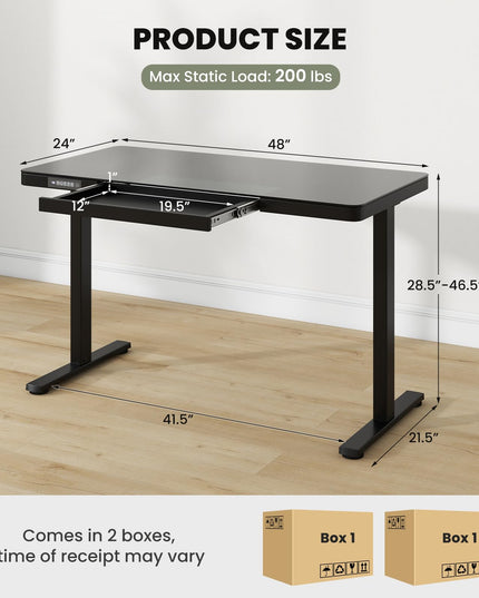 Giantex Glass Standing Desk with Drawer, 48" x 24" Height Adjustable Electric Stand Up Desk