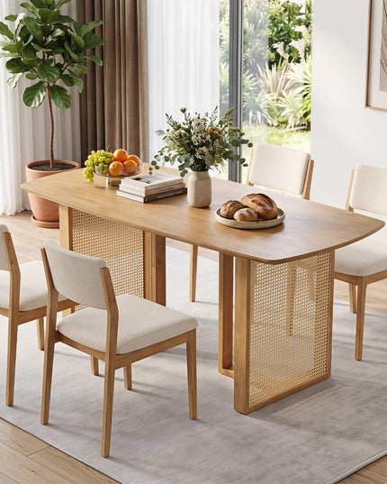 GIANTEX 55" Solid Rubber Wood Dining Table for 4-6 with Rattan Pedestal