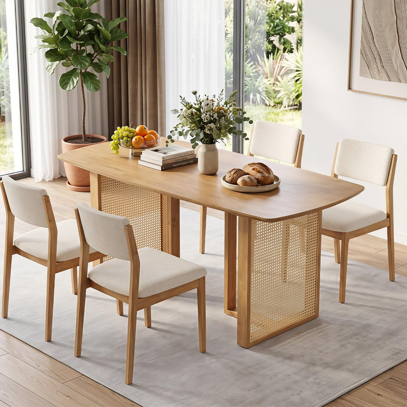 GIANTEX 55" Solid Rubber Wood Dining Table for 4-6 with Rattan Pedestal