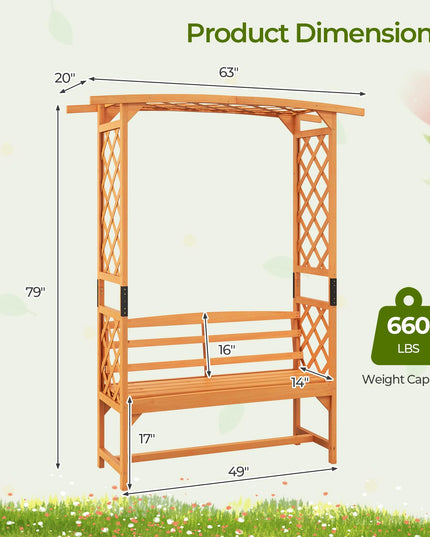 Giantex Garden Arch Trellis with Bench - 63''W x 79''H Wooden Arbor with 2-Person Outdoor Bench