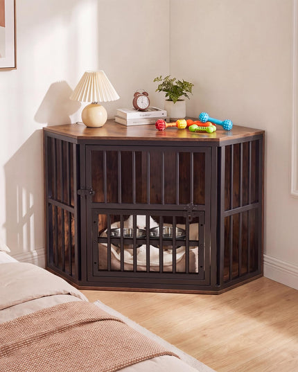 Giantex Wooden Corner Dog Crate Furniture with Adjustable & Reversible Elevated Feeder
