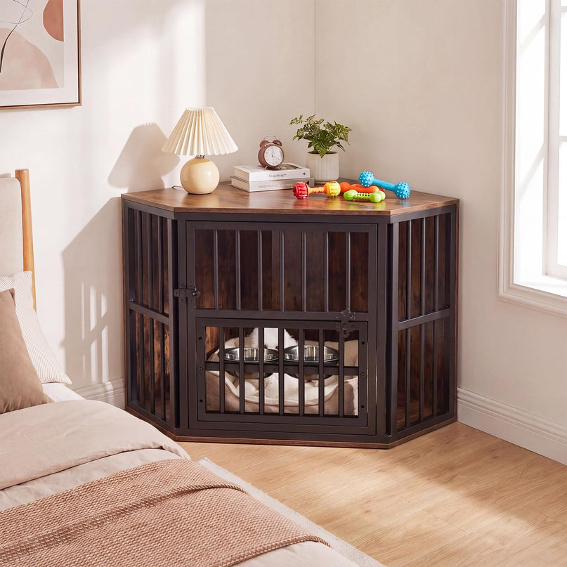Giantex Wooden Corner Dog Crate Furniture with Adjustable & Reversible Elevated Feeder