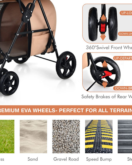 Double Pet Stroller with 2 Detachable Carrier Bags, 4 Lockable Wheels Cat Stroller