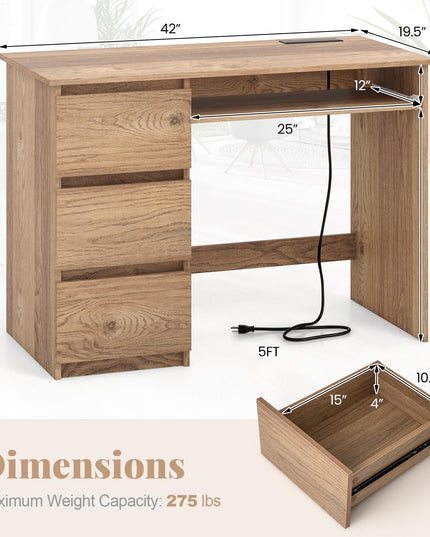 Giantex Computer Desk with Power Outlet, Modern Office Desk with Keyboard Tray & 3 Large Drawers