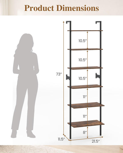GIANTEX Ladder Shelf | 6-Tier Wall Mounted Bookshelf with Metal Frame (1/2)