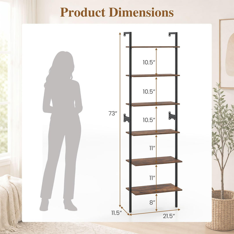GIANTEX Ladder Shelf | 6-Tier Wall Mounted Bookshelf with Metal Frame (1/2)