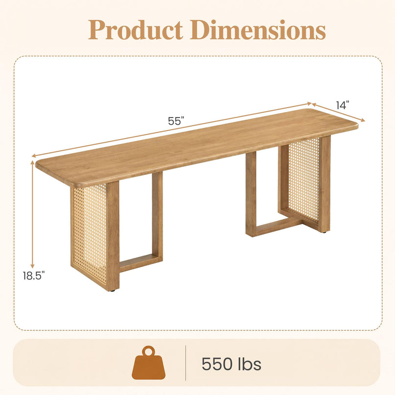 GIANTEX 55" Boho Rattan Dining Bench with Rubber Wood Frame (1/2)