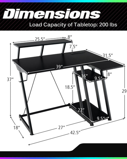 Bureau de jeu en forme de L Giantex avec prises et ports USB, petit bureau d'ordinateur avec étagère pour moniteur