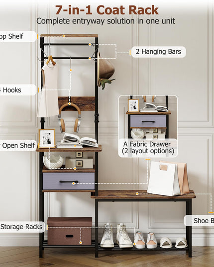 Giantex 7-in-1 Hall Tree with Bench and Shoe Storage