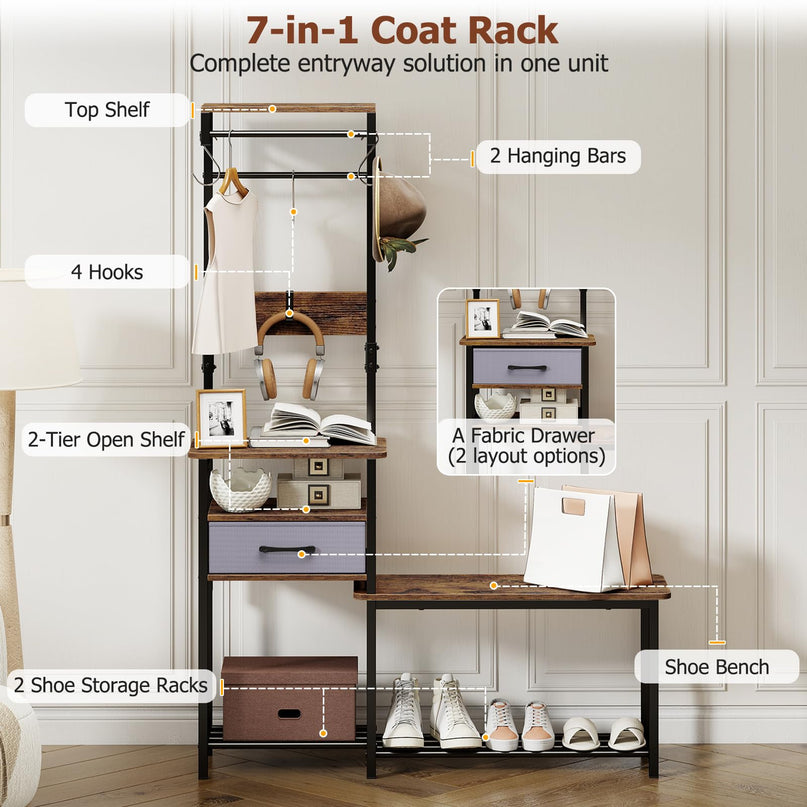 Giantex 7-in-1 Hall Tree with Bench and Shoe Storage
