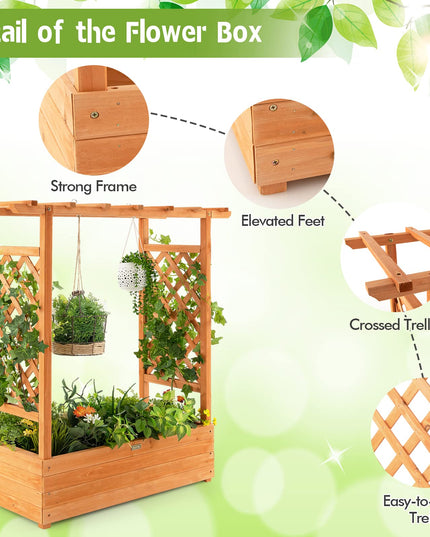 Giantex Raised Garden Bed with Trellis, Wood Planter Box with Roof & Side Trellis, Drain Holes