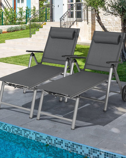 Giantex Chaise Lounge Outdoor Chair- Patio Folding Lounge Chair with Wheels, 7 Adjustable Level