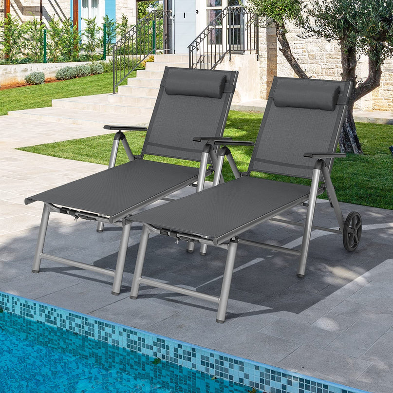 Giantex Chaise Lounge Outdoor Chair- Patio Folding Lounge Chair with Wheels, 7 Adjustable Level
