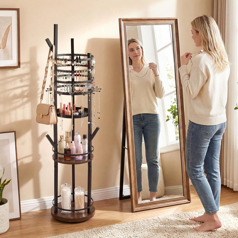 CHARMAID 360° Rotating Floor Standing Jewelry Organizer | 58.5" Jewelry Tree with 3-Tier Earring Holders
