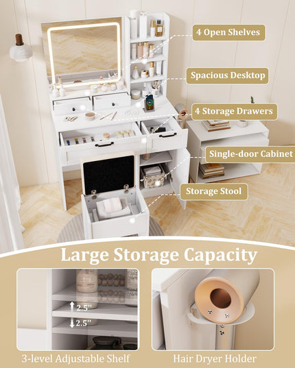 CHARMAID Makeup Vanity Table with Charging Station | White Bedroom Dressing Table with Chair