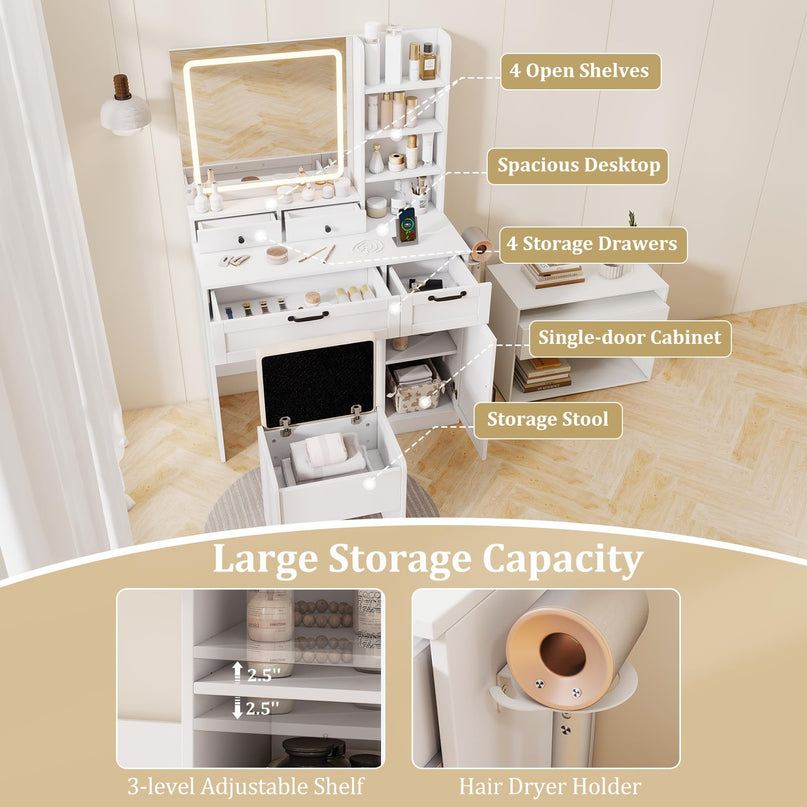 CHARMAID Makeup Vanity Table with Charging Station | White Bedroom Dressing Table with Chair