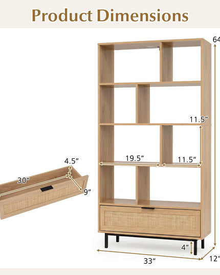 GIANTEX 64" Tall Bookshelf with Rattan Drawer