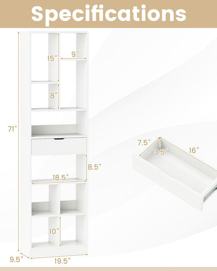 Giantex 71" Bookcase with Drawer with 10 Open Cubes
