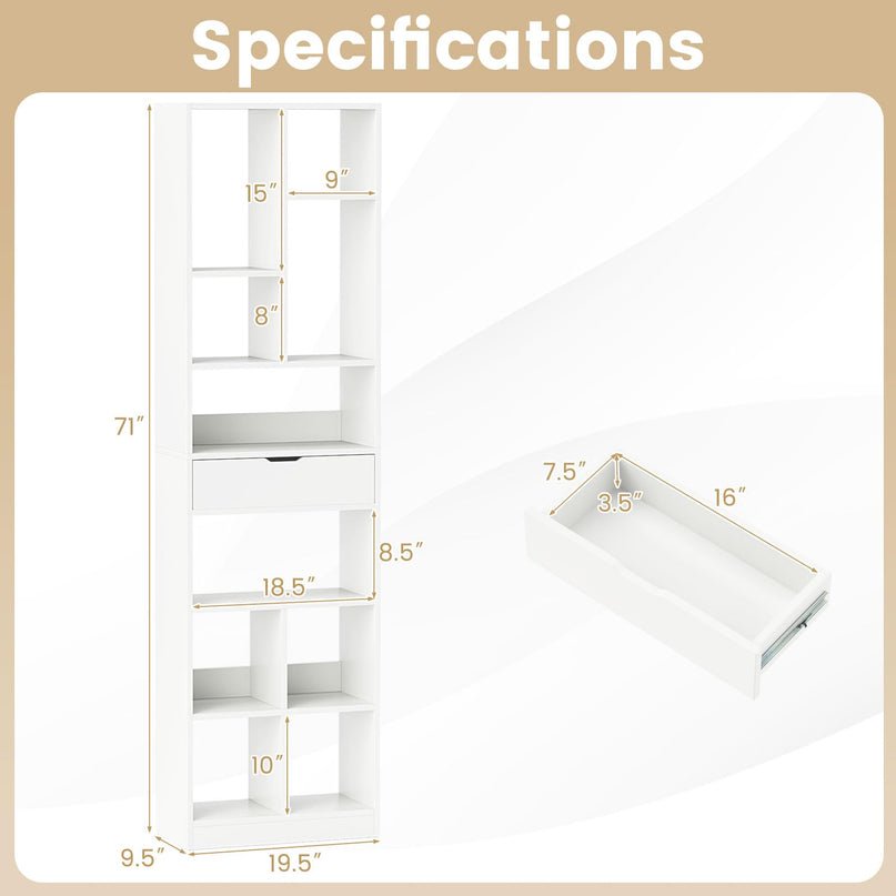 Giantex 71" Bookcase with Drawer with 10 Open Cubes
