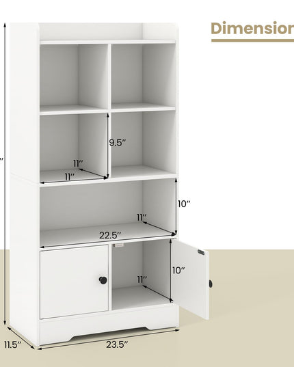Giantex 4-Tier Bookcase with Doors, Small Bookshelf with 5 Cubbies and 2 Cabinets, White Freestanding Bookshelf