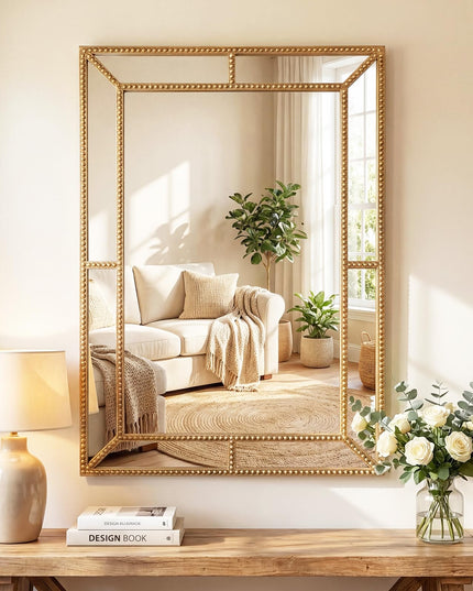 CHARMAID Gold Beaded Wall Mirror | Decorative Vanity Mirrors for Bathroom